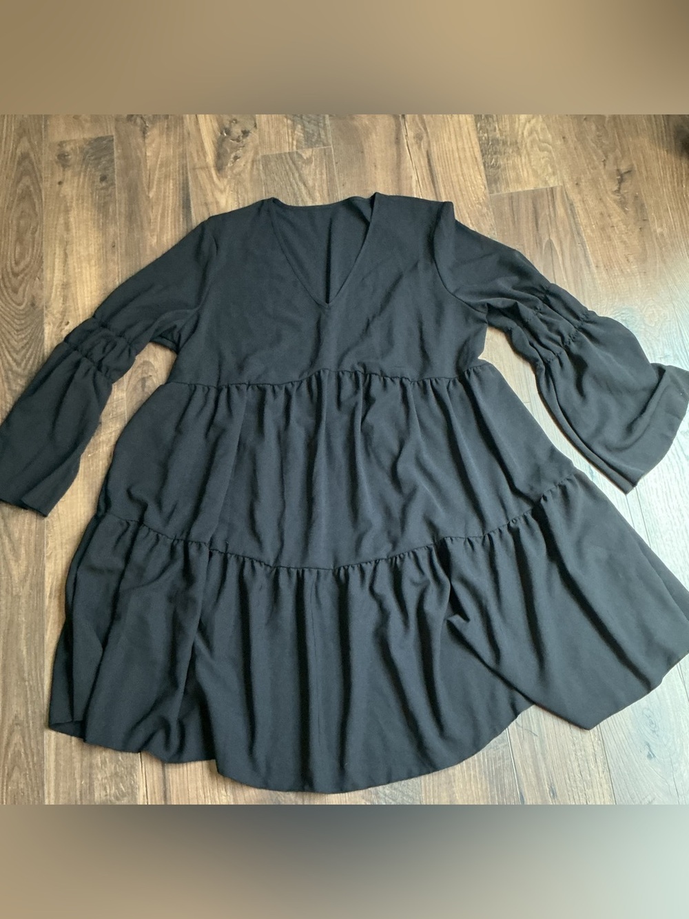 Tiered Babydoll Dress Black Flowy Long Sleeve 1XL Boho Cottagecore Babydoll